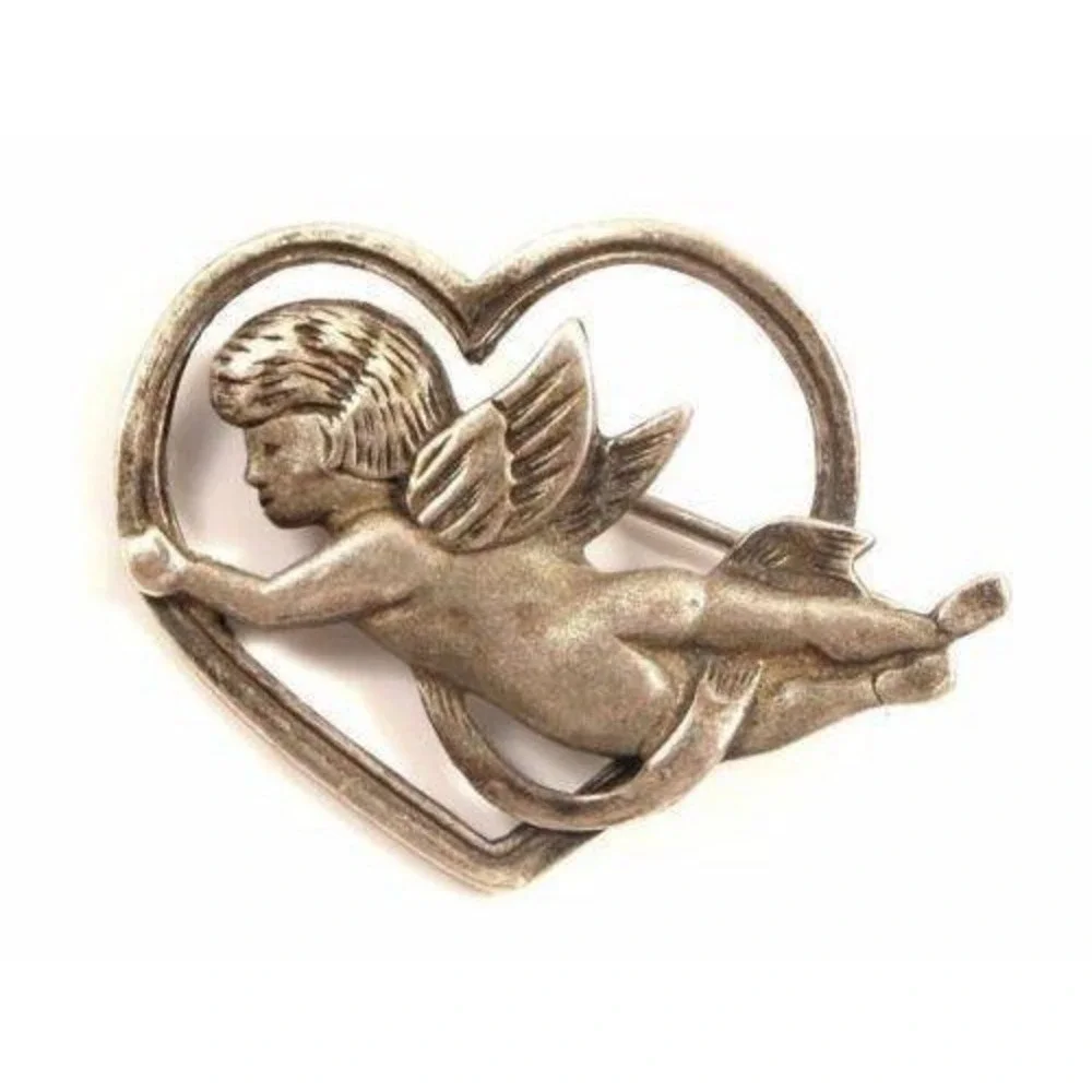Vintage Heart Shaped Sterling Silver Cupid Angel Brooch Pin*925‎